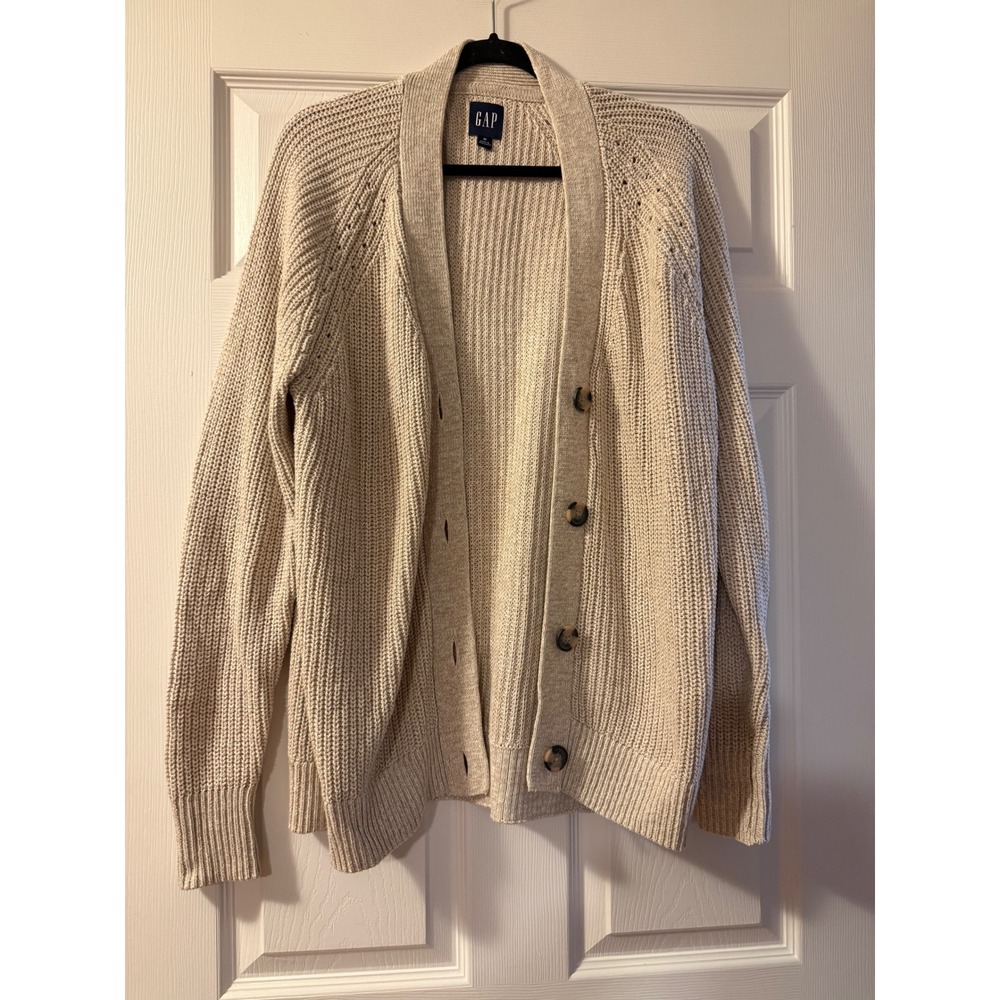 GAP Cardigan Womens M Beige Cotton Shaker Stitch Shawl Collar Button Up Sweater
